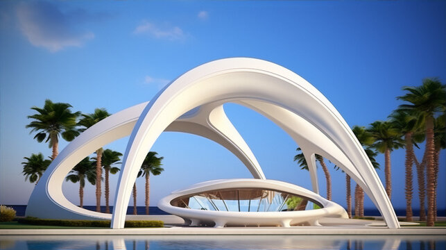 Futuristic white architecture with blue sky and palm trees