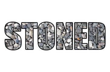 PNG file of the word stoned made from a background of gravel and stones