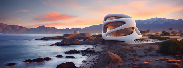 Futuristic house on rocky coast at sunset 3d render - obrazy, fototapety, plakaty