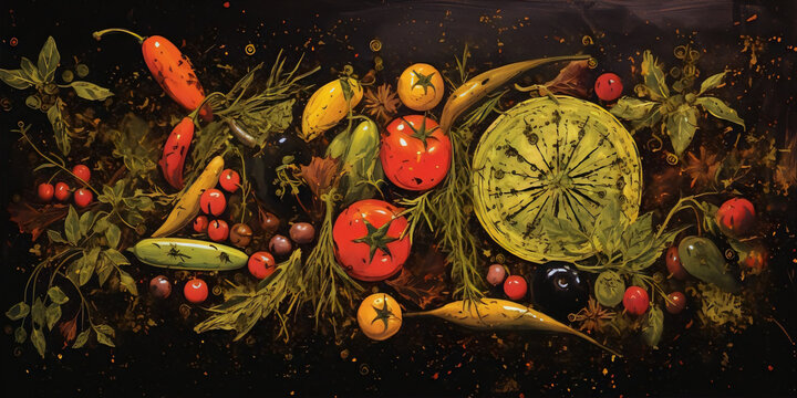 Still life painting of vegetables and fruits with a dark background in the art style of Caravaggio.