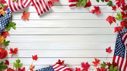 Attractive Happy Labor Day Text Over White Wood Wall Texture Background and American Flags