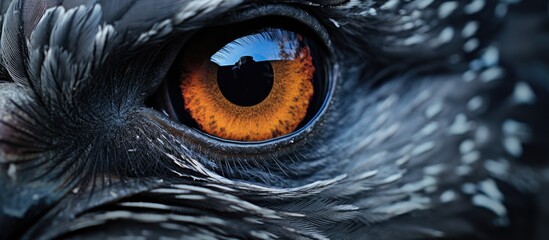 Fototapeta premium A closeup of a birds eye reveals bright orange eyelashes and electric blue iris. The intricate details showcase the beauty of wildlife science and the mysterious darkness within the eye