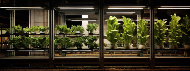 futuristic indoor vertical farm with green leaf lettuce plants growing in shelves under led lights