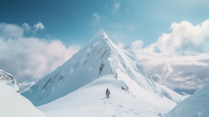 Fototapeta na wymiar A person is climbing the snowy mountain against blue sky background 