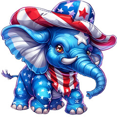 Cute cartoon American elephant in a cowboy hat isolated on transparent background. For USA Independence day July 4th celebration. Republican party mascot. Flat clipart illustration for sticker, banner