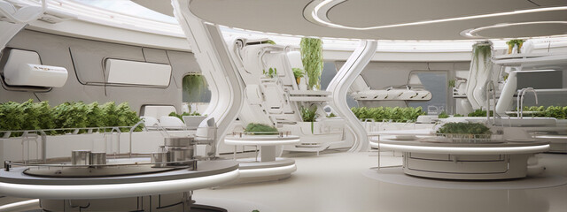 Futuristic interior of a space station with plants growing in a hydroponic garden