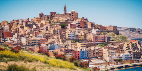 Cityscape of colorful buildings on a hill with a blue sky and sea - obrazy, fototapety, plakaty