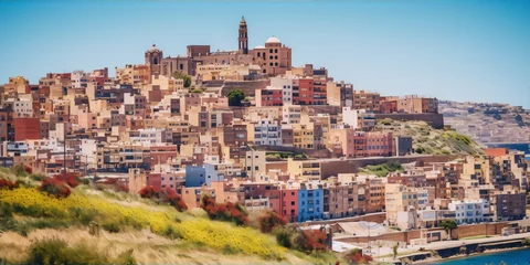 Foto op Plexiglas Cityscape of colorful buildings on a hill with a blue sky and sea © AaliAmin