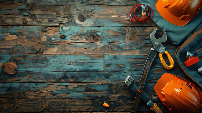 Superb Happy Labor day, Construction tools. Copy space for text on wood background