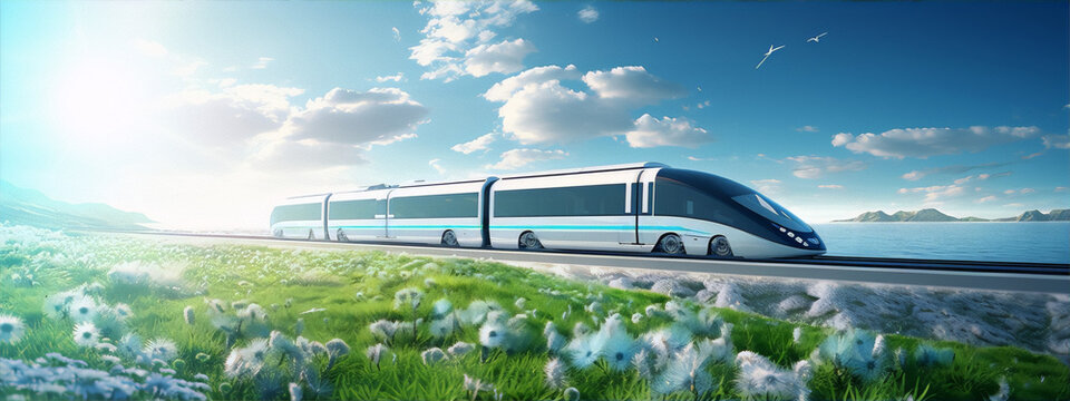 Futuristic maglev train transportation concept art with a blue sky and green fields