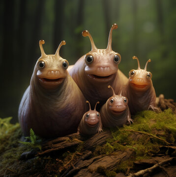 A photorealistic image of a family of slugs 