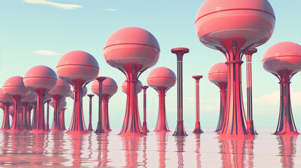 Naklejka premium Surreal pink alien landscape with large pink structures resembling trees or buildings in water with a pink sky and blue sky