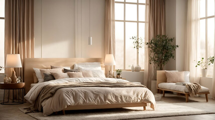 Fototapeta premium House interior backdrop, warm white bedroom with brilliant furnishings natural wooden tables, contemporary style