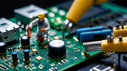 Group of  miniature engineering workers repairing CPU. Technology concept - obrazy, fototapety, plakaty