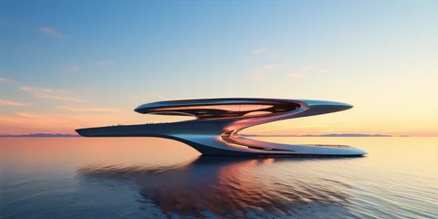 Fotobehang Futuristic architecture on water at sunset in blue and orange colors 3D rendering. © AaliAmin