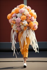 A woman in the street hold a large bouquet of orange and white flowers. Vertical orientation