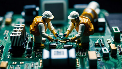 Group of  miniature engineering workers repairing CPU. Technology concept - obrazy, fototapety, plakaty