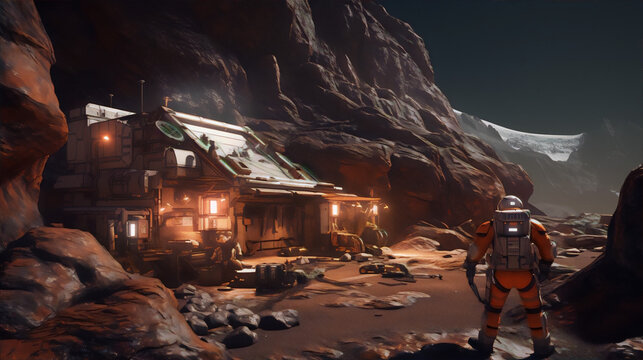 Futuristic landscape with astronaut on distant planet, red rocks and moon in background