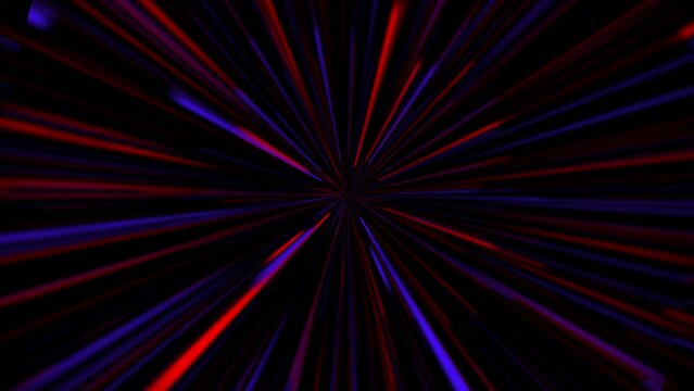 Line geometric twinkle red blue lines black background. Neon glowing rays abstract creative cosmic. Seamless looping simple animation, Journey through a space warp. 4k High quality