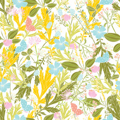 Vector vintage seamless floral pattern. Herbs and wildflowers.  Can be used in textile industry, paper, background, scrapbooking. - 762365771