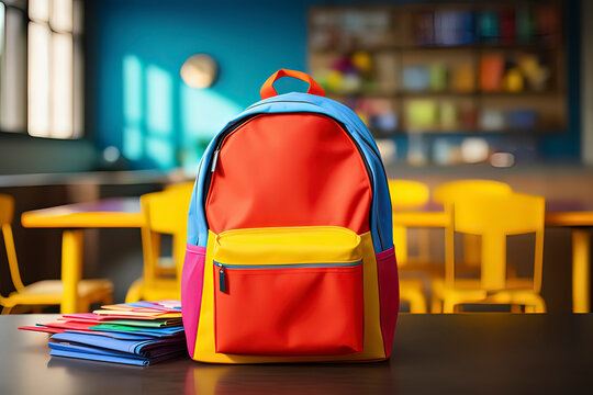 Children's backpacks and books. AI technology generated image