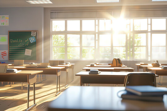 Sunshine shining into the classroom. AI technology generated image