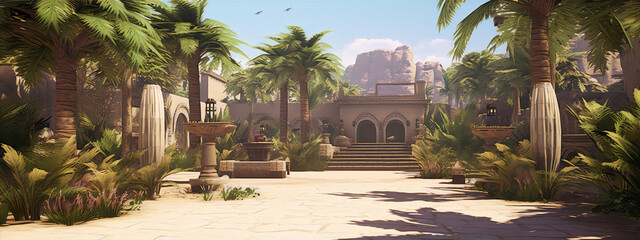 Palm trees, buildings, and a fountain in a desert setting with a blue sky and two birds flying in the background.