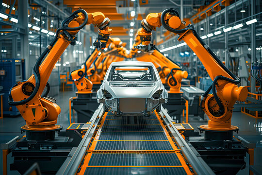 Automatic production line for automobile manufacturing. AI technology generated image