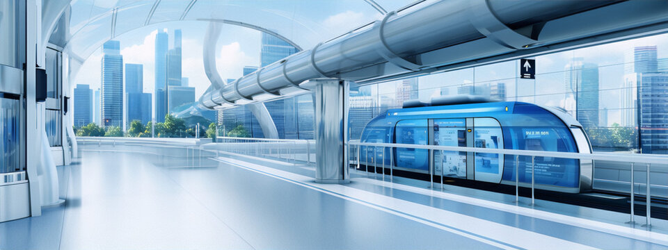 The image is a 3D rendering of a futuristic city with a glass and steel skytrain station.