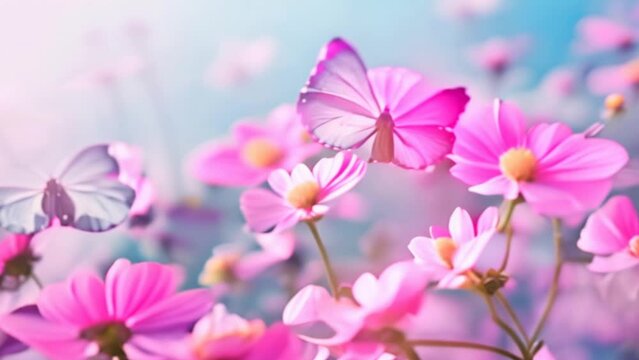 Butterflies on pink and white flowers in the garden bloom beautifully amidst the colors of nature blooming in spring.