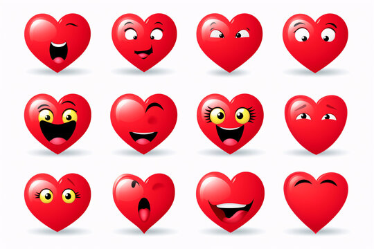 A collection of red heart-shaped emoticons, with different features, smiling, surprised, serious.