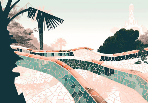 Illustration of Barcelona Parc Guell travel poster