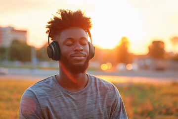 Young African-American man listening to music with headphones at sunset.