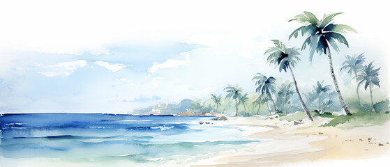 Fototapeta na wymiar A watercolor depiction of a tropical beach with lush palm trees and a clear blue sea, under a sky with soft clouds. Copy space for text or advertising 