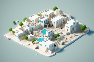 3D illustration of a Mykonos town with whitewashed buildings, blue roofs, and a swimming pool in the center.