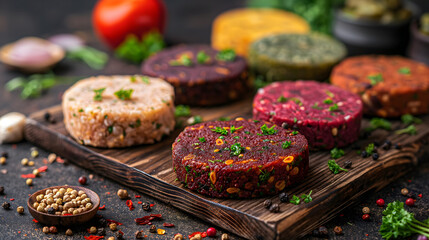 Variety of plant based burger patty made from vegetarian meat organic healthy food