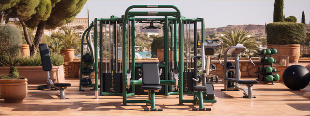 Modern green gym equipment in a luxury resort with a beautiful outdoor view