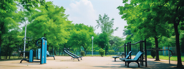 Blue and green outdoor fitness equipment in a park with trees - obrazy, fototapety, plakaty