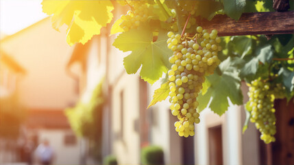 Grapes hanging from a vine in a sunny vineyard with a blurred background in the warm colors of summer - obrazy, fototapety, plakaty
