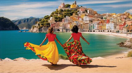 Two women in red shirts and long skirts with floral patterns stand on a cliff and look at the Mediterranean Sea and a colorful village on the coast
