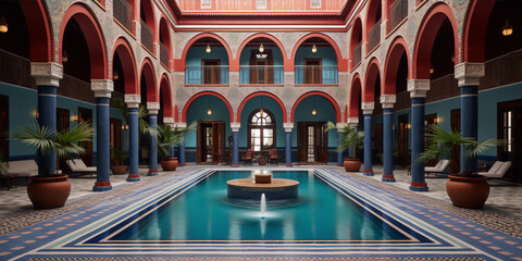 arabic courtyard with blue and red accents and a pool - obrazy, fototapety, plakaty