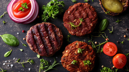 Variety of plant based burger patty made from vegetarian meat organic healthy food