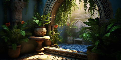 Courtyard oasis with Moorish architecture, plants, and sunlight