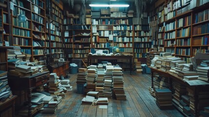 Obraz premium concept learning education academic background room class study school bookshelves aisle desk reading archive text literature piles stack textbook open old library book philosophy