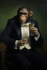 Monkey wearing a black suit holding a champagne glass isolated on black. Vertical orientation