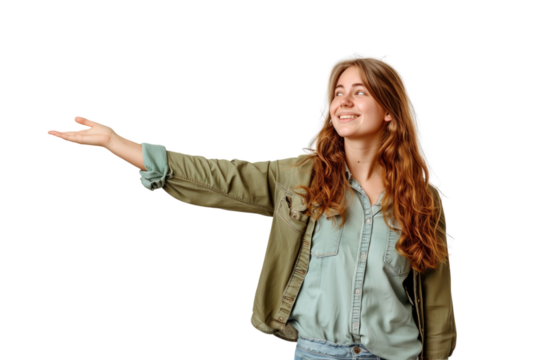 30's woman with introduce gesture