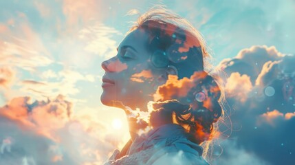 Woman celebrating on a mountain looking up to the sky. Letting go of all your mental fears. Hope, mental strength concept. Double exposure.