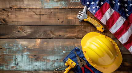 Superb Top view of safety helmet and instruments near happy labor day lettering near american flag