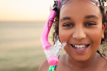 African American Girl on a Beach with Goggles and Snorkel - 762366728