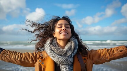 Happy indian woman, outdoor freedom and arms out, ocean wind and breathe fresh air with purpose or...